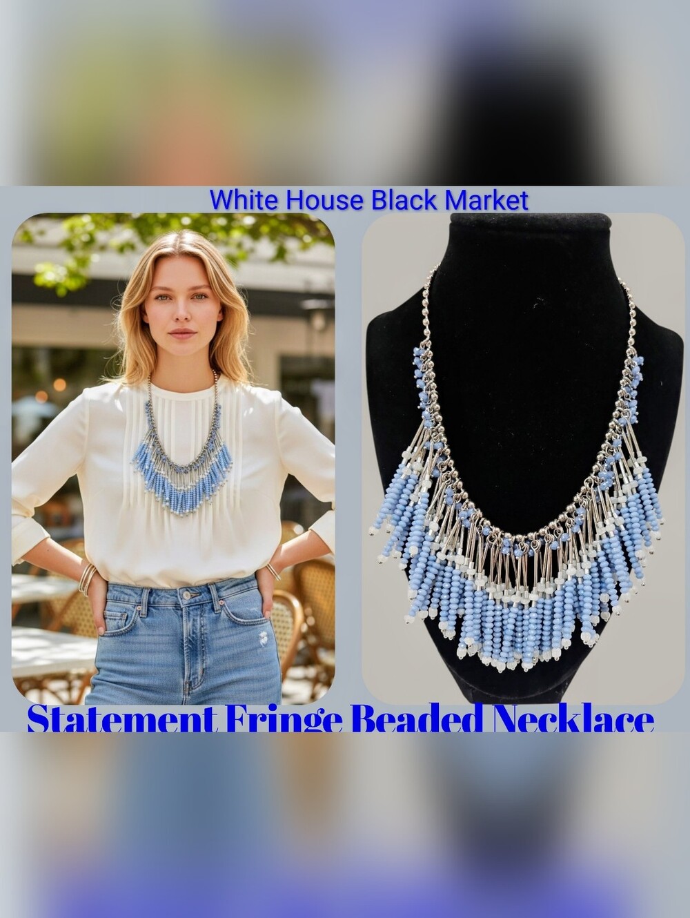 White House Black Market Statement Fringe Beaded Necklace Blue Silver LIKE NEW